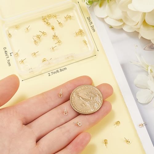 Beebeecraft 1 Box 40Pcs Eye Pin Bail Peg Pendants Real 24K Gold Plated Brass Pearl Cup Eye Pins Small Peg Bails Charm Connectors for Half Drilled Beads Jewelry Making Supplies DIY Crafts 7x5mm - Image 3