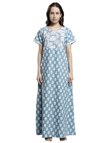 Image of 9shines Label Stylish Pure Cotton Nighty Maxi for Women | Embroidery Neckline Nightgown | A-Line Nightdress with Pocket | Floral Night Gown| Soft Comfortable Cotton Sleepwear (Cotton Yoke)