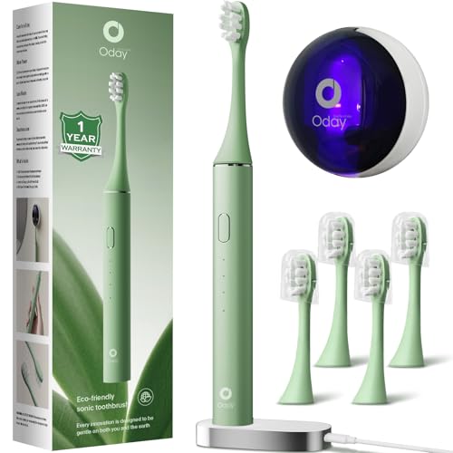 Oday Sonic Electric Toothbrush for Adults with Wall Mounted UV-Cleaning Toothbrush Holder and 4 Brush Heads Wireless Charging IPX7 Waterproof 1 Month+ Battery Green