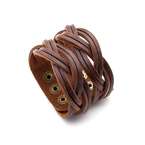 Mgutillart Punk Braided Band Bracelet Wide Leather Arm Cuff Bracelet(Brown) #TOP9