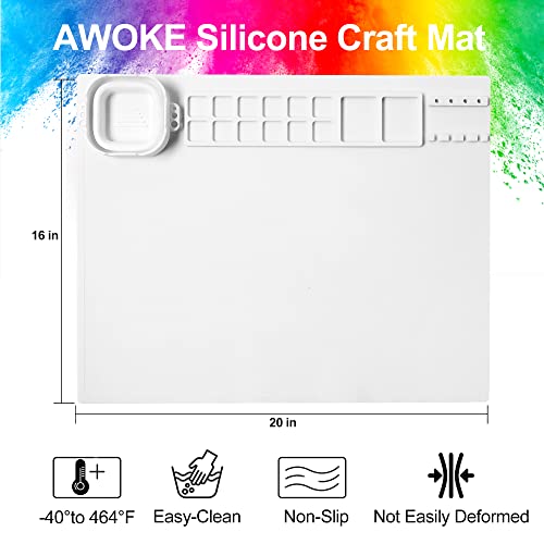 Awoke Silicone Painting Mat - 20"X16" Silicone Art Mat With 1 Water Cup For Kids - Silcone Craft Mat Has12 Color Dividers - 2 Paint Dividers (White) #TOP4