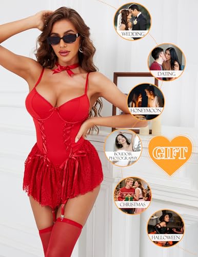Tidouk Women's Sexy Lingerie Set,4-Piece Lace Babydoll Underwire Lingerie Set with Bow tie & Panty & Garter Stockings Red — view 5