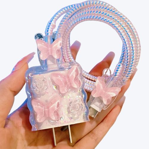 Protector cargador iPhone de mariposa rosa 3D con flores, el regalo ideal aesthetic para niñas