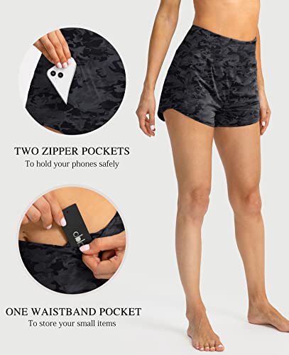 Obla Women's High Waisted Swim Board Shorts With Zipper Pockets Upf50+ Quick Dry Beach Shorts For Women With Liner(Grey Camo_M) #TOP3