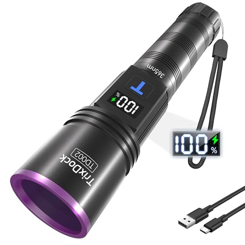 TrixDock UV Torch 365nm Black Light Rechargeable UV Light Rechargeable with LCD Display Powerful Ultraviolet Torch for Pet Urine Stain Bed Bugs and More [Energy Class A+++]