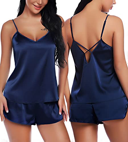 RSLOVE Women V Neck Sexy Lingerie Satin Sleepwear Pajamas Cami Shorts Set Nightwear