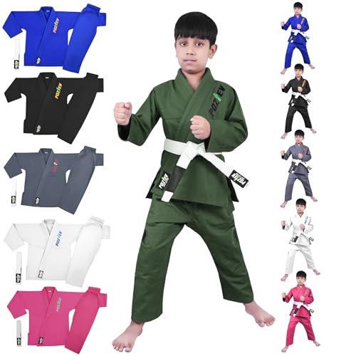 Poztev POZ-JI-MGREEN-K2 Kids Brazilian Jiu Jitsu Gi For Kids Bjj Gi Youth Grappling Kimonos Preshrunk Lightweight Children Martial Arts Training Uniform cover