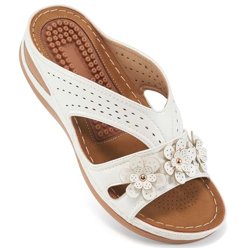 Image of Ecetana Womens Sandals Dressy Summer Comfortable Slides with Flowers Casual Non Slip Platform Lightweight Wedge Shoes