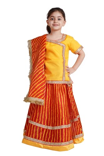 Image of Kaku Fancy Dresses Traditional Radha Costume for Girls - Red & Yellow Lehenga Choli with Dupatta | Indian Mythological Fancy Dress for Janmashtami - 14-17 Years