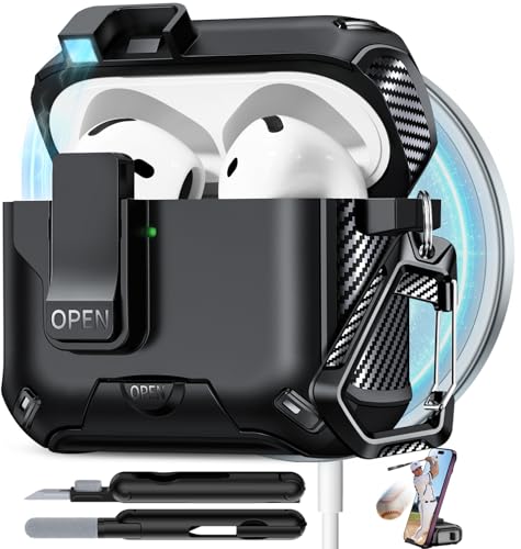Image of for AirPods 4 Case with Lock (Black) | Compatible with MagSafe,with Phone Stand,with Automatic Snap Switch Carbon Fiber Design Protection Cover with Cleaning Pen