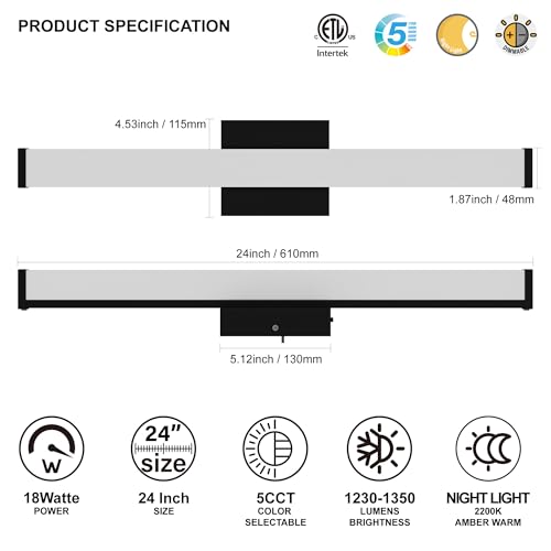 Image of 24 Inch Bathroom Vanity Light Fixtures with Night Light: Long Square Wall Mounted LED Lighting Bar Over Mirror with 5CCT & 2200K Color Changing, 120V, 1230-1350lm, ETL, Matte Black, 2 Packs