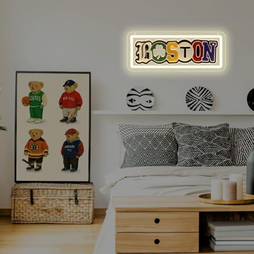 Image of Boston Themed Neon Sign, Boston City of Champions Sport Teams Fans Man Cave Wall Decor with Sports Team Colors, USB Powered LED Neon Light with Dimmer, Gift for Boston Fans for Bedroom, Bar, Game Room