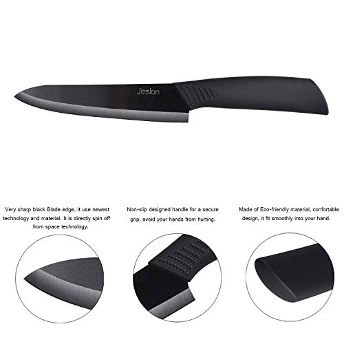 Foto von Jeslon Keramikmesser Set mit Klingenschutz, Küchenmesser Set mit 4-teilig Messer und 1 Sparschäler, Kochmesser Sets für Fleisch, Brot, Obst & Gemüse-Schwarz