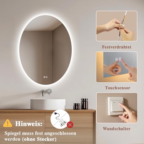 Archaluxe Badspiegel-mit-Beleuchtung LED Badezimmer Spiegel Oval 50x70cm – Ansicht 5
