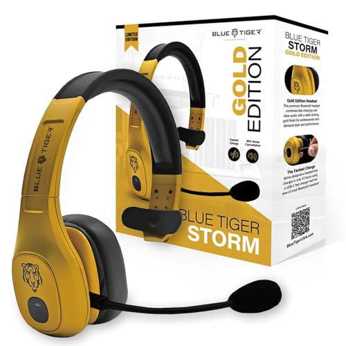Blue Tiger Storm Gold - Premium Trucker Bluetooth Headset-Wireless Noise Canceling Mono Headset with Mic -High-Fidelity Sound, 30-Hour Talk Time, USB-C Charging - for Truck Drivers, Bluetooth 5.0
