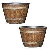 Classic Home and Garden Outdoor Round Whiskey Resin Flower Pot Barrel Planter, Distressed Oak Brown, 15" (Pack of 2)