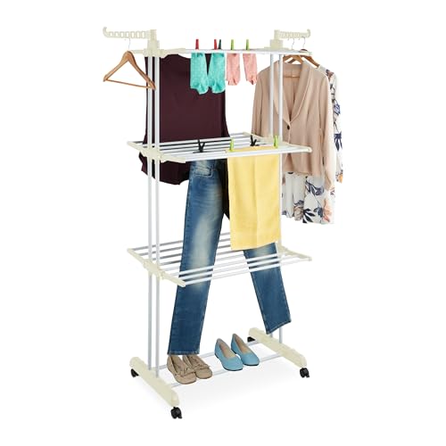 Relaxdays Wäscheständer Turm, ausklappbare Flügel, HBT: 179 x 126 x 63,5 cm, Metall, rollbarer Turmwäscheständer, weiß