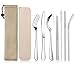 Campingbesteck, Joyfair 9-teiliges Edelstahl Reisebesteck Set, Tragbare Besteck Set mit Messer, Gabel, Löffel, Strohhalme, Essstäbchen, Reinigungsbürste, Tragetasche & Box, Wiederverwendbar - Weizen