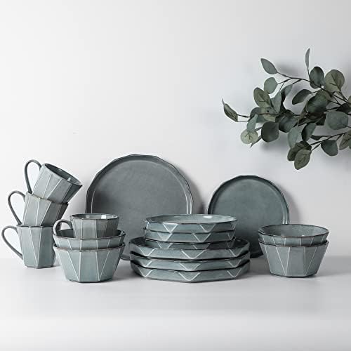 TABLE 12 16-Piece Dinnerware Set, Stonewashed Dinnerware Set for 4 Including Dinner Plates, Dessert & Salad Plates, Bowls, Mugs, Modern Kitchen Set