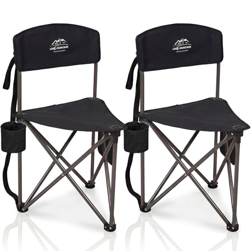 LANMOUNTAIN 2 Pack Folding Camping Tripod Stool with Backrest & Cup Holder Lightweight Portable Outdoor Chairs for Adults Compact 3-Leg Seat for Fishing Hunting Hiking & Travel w/Bag - Black