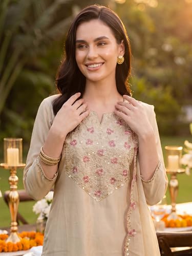 Image of INDO ERA Women's Silk Blend Paisley Embroidered Zari Work Kurta & Pant with Dupatta Set (IEBBAI389)