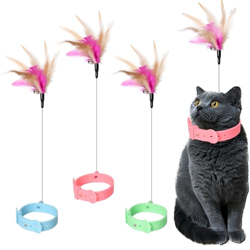 Pumwoy Cat Collars with Cat Feather Toys,3pcs Interactive Cat Toy with Bell for Indoor Cats,Adjustable Silicone Cat Collar Toy(Pink&Blue&Green), PNK+BL+GRN