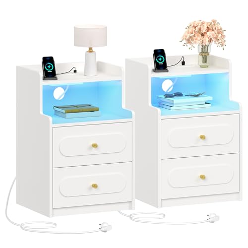 HEXCELEN Table de Chevet Lot de 2 avec Lumière LED et Multiprise, Table de Nuit avec 2 Tiroirs et 1...