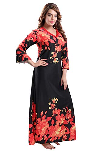 Image of Fabme Women's Crepe Printed Flare Nighty with Long Sleeves /Night Gown /Nightwear /Maxi