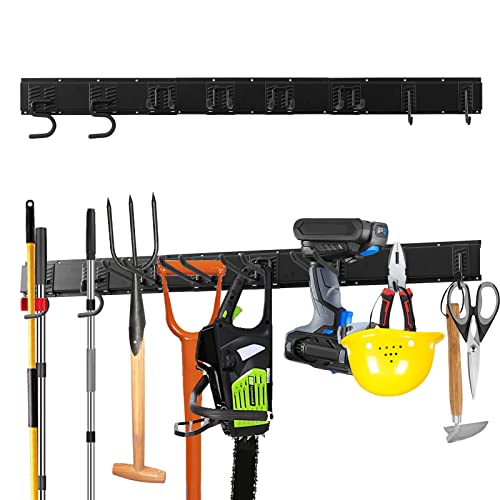 Garage Tool Organizer Wall Mount, 11 PCS Garden Tool Rack Garage Storage, 8 Heavy Duty Adjustable Hooks Steel and 3 Rails Aluminum, 450 LBS Max Load