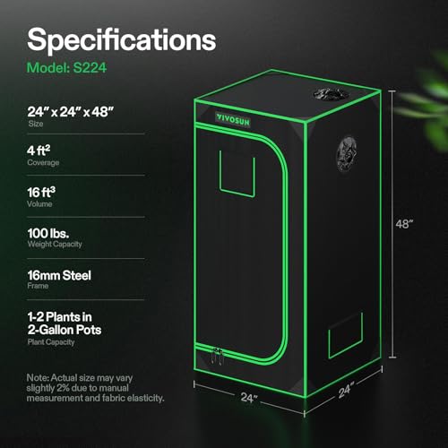 Image of VIVOSUN S224 2x2 Grow Tent, 24 inchx24 inchx48 inch High Reflective Mylar with Observation Window and Floor Tray for Hydroponics Indoor Plant for VS1000