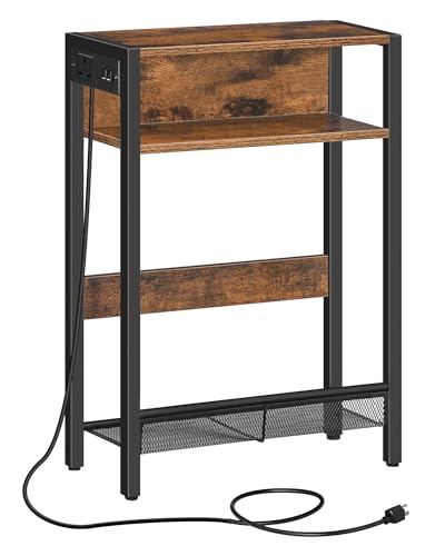 Side Table with Charging Station, Narrow End Table, Slim Nightstand for Small Space, Skinny Beside Table with Storage, for Living Room, Bedroom, Rustic Brown and Black DTBZ05KBF