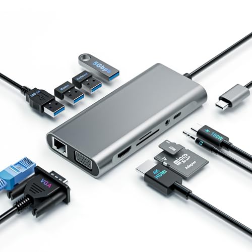 USB C Hub Docking Station, 11-in-1 Multiport Adapter Dongle with 4K HDMI, VGA, USB 3.0 5 Gbps, SD/TF...