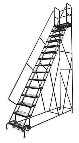 Image of Tri-Arc KDSR115242-D3 15-Step 30 inch Deep Top Steel Rolling Industrial & Warehouse Ladder with Handrails, 24 inch Wide Grip Strut Tread