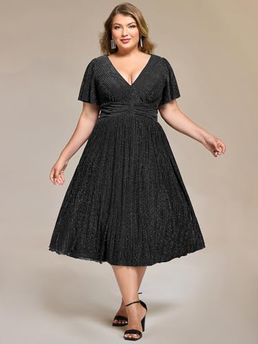 Image of Ever-Pretty Plus Women's V Neck Short Sleeves A Line Glitter Midi Plus Size Formal Wedding Guest Dresses