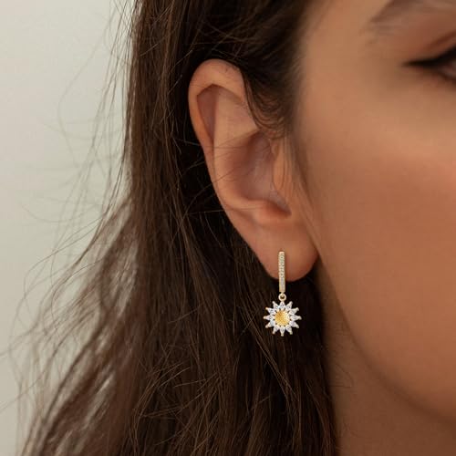 Gold Sunflower Earrings for Women - Sterling Silver Flower Hoop Earrings Classic Hypoallergenic White Cubic Zirconia Fashion Dainty Loop Earrings Gift for Her Birthday Mother's Day2