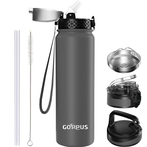 GOPPUS 1L/32oz Stainless Water Bottle with Straw Double Wall Insulated Bottles with Strap Reusable Vacuum Thermal Flask Leakproof Keep Cold Drinks Bottles with Flip Top Lid for Gym Men Women BPA Free