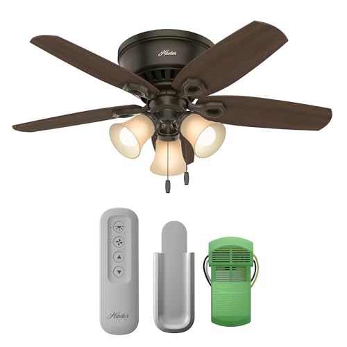 Image of Hunter 42 inch Indoor Ceiling Fan with LED Lights & Remote - Bronze Ceiling Fan, Pull Chain, for Bedroom, Living Room, or Kitchen, Low Profile Flush Mount, 5 Blades - Builder 51091, New Bronze