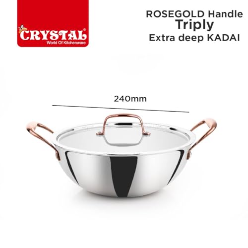 Image of Crystal TriPro -Triply Stainless Steel Extra Deep Kadai with Lid - 24 cm (Induction Bottom), with Rose Gold Handle (CTP-EDK-002A)