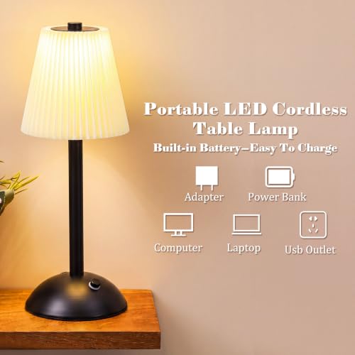Image of Liliful 2 Pcs Cordless Table Lamp Rechargeable Touch LED Small Gold Portable Battery Operated USB-c Desk Lamp 3 Color Dimmable for Bedroom Living Room Dining (Black,Beige Cloth Style)
