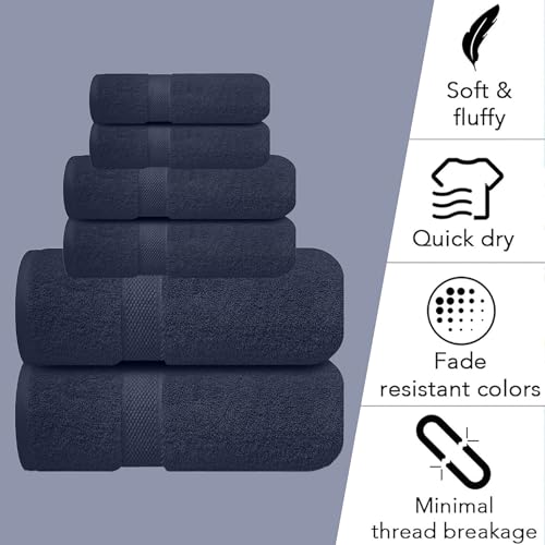 Image of Sulfar 100% Combed Cotton, 6 Pcs Towel Set - 2 Bath Towels (70 x 140 cm), 2 Hand Towels (40 x 70 cm) and 2 Washcloths (30 x 30 cm) (600 GSM, Pack of 6) Navy