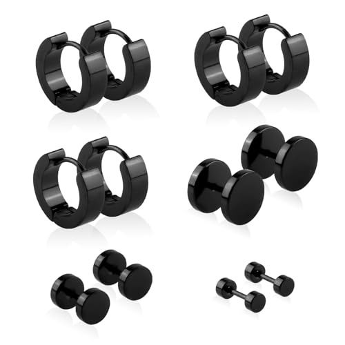 LEIMEND 6 Paires Boucle D'oreille Homme Boucles D'oreilles Homme Boucle D'oreille Noir Acier inoxydable 316L Hypoallergénique Boucles D'oreilles pour Hommes...