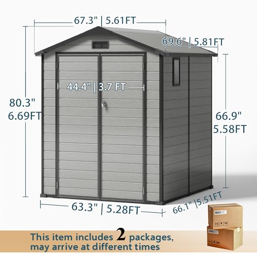 Image of WUKHG 6x6 FT Resin Storage Shed with Floor and Ddrain Groove for Backyard | 14mm UV-resistant PP Panel, Top Vent, Lockable Double Door, Side Window, Transparent PC top panel, Suitable for Bike and Tool