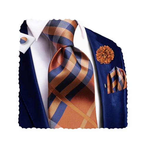 Hi-Tie Mens Silk Ties Lapel Pin Handkerchief Cufflinks Set Striped/Paisley/Floral Necktie Sets Wedding Business Party,Orange Navy Plaid