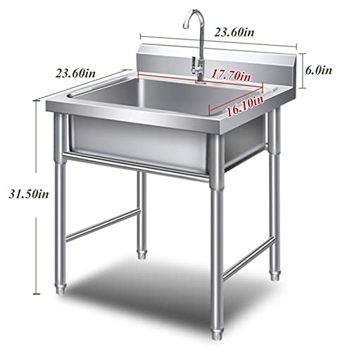 Freestanding Utility Sink Stainless Steel 1 Compartment Commercial Kitchen Sink Set Single Tub Indoor Outdoor Sink With No Lead Faucet For Laundry Garage Backyard Industrial W 23.6"Xd 31.5" #TOP6