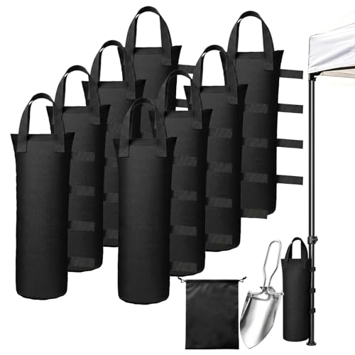 Solyxis Lot de 8 Poids de Tonnelle, Tissu Oxford 800D 20 X 50 Cm, Sacs de Sable pour Lestage avec Pelle et Sac de Rangement, Sac de Sable Robuste pour Tente, Parasol, Camping et Photographie, Noir