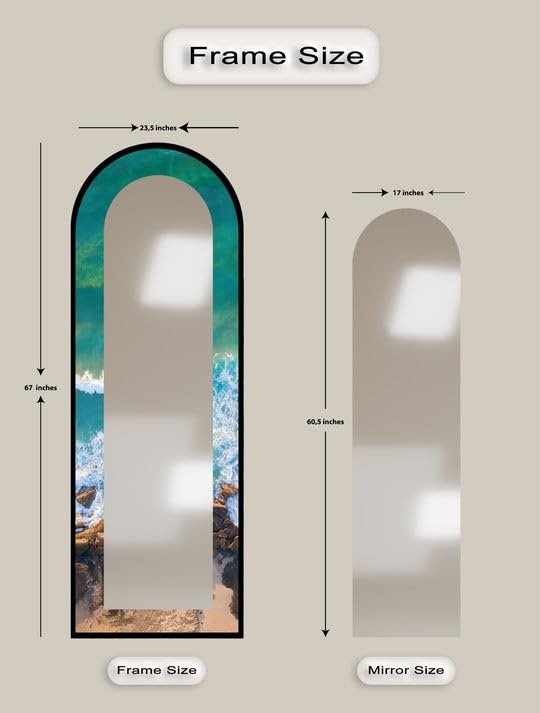 Specchio da pavimento con arco lungo 23,5 x 167 cm (larghezza x altezza), specchio da pavimento con cornice nera e cornice nera