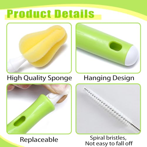 Image of INVODA Nipple Brush 4PCS Sponge Bottle Brushes with 4 PCS Straw Brush Baby Bottle Nipple Cleaner Brush Long Handle Detachable Nipple Brushes (Yellow)