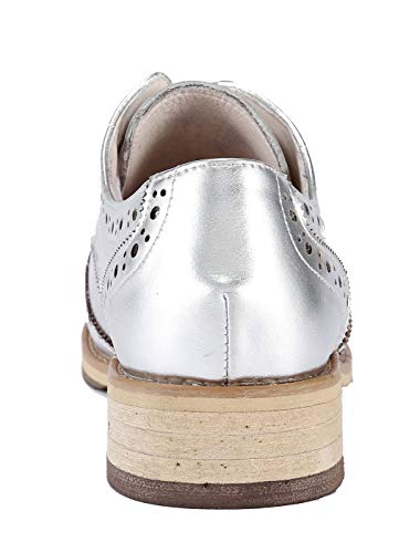U-Lite Women Mirror-Shine Leather Lace-Up Perforated Wingtip Rope And Rubber Platform Oxford Shoes Silver 8 #TOP2