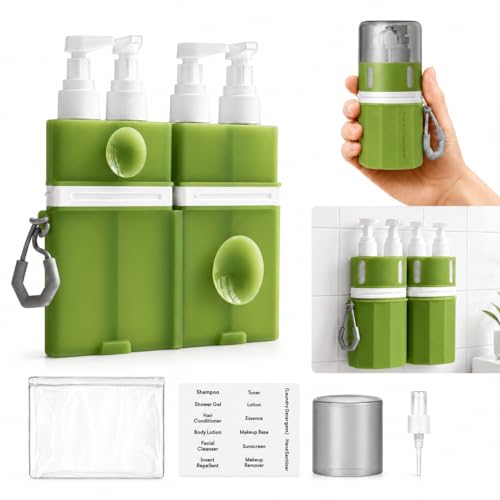 CMOLARI 4 in 1 Reiseflaschen Set zum Befüllen Reisespender mit Saugnapf auslaufsichere Silikon Reiseflaschen mit Pumpspender Sprühkopf Etiketten & Tasche für Shampoo Duschgel Lotion(Grün)