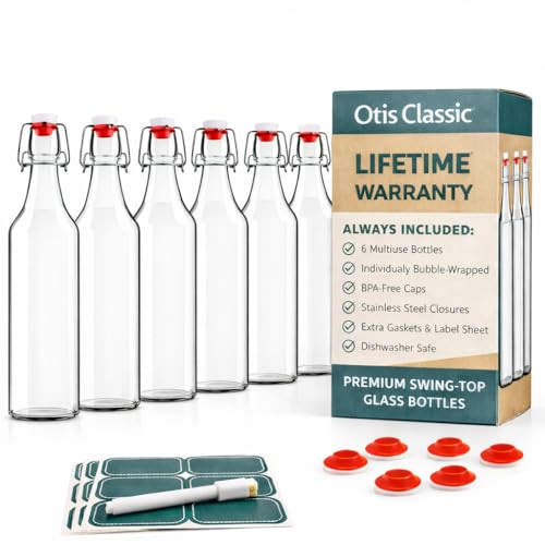 Otis Classic Swing Top Glass Bottles - Set of 6, 16oz w/Marker & Labels - Clear Bottle with Caps for Juice, Water, Kombucha, Wine, Beer Brewing, Kefir Milk or Eggnog
